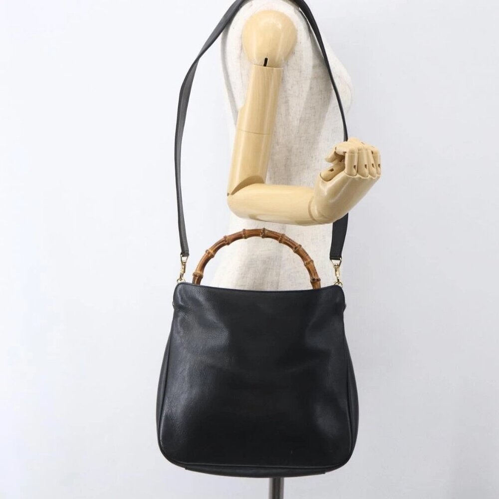GUCCI Bamboo Hand Bag Leather 2way Black Gold 001 1998 1638 Auth BA8194